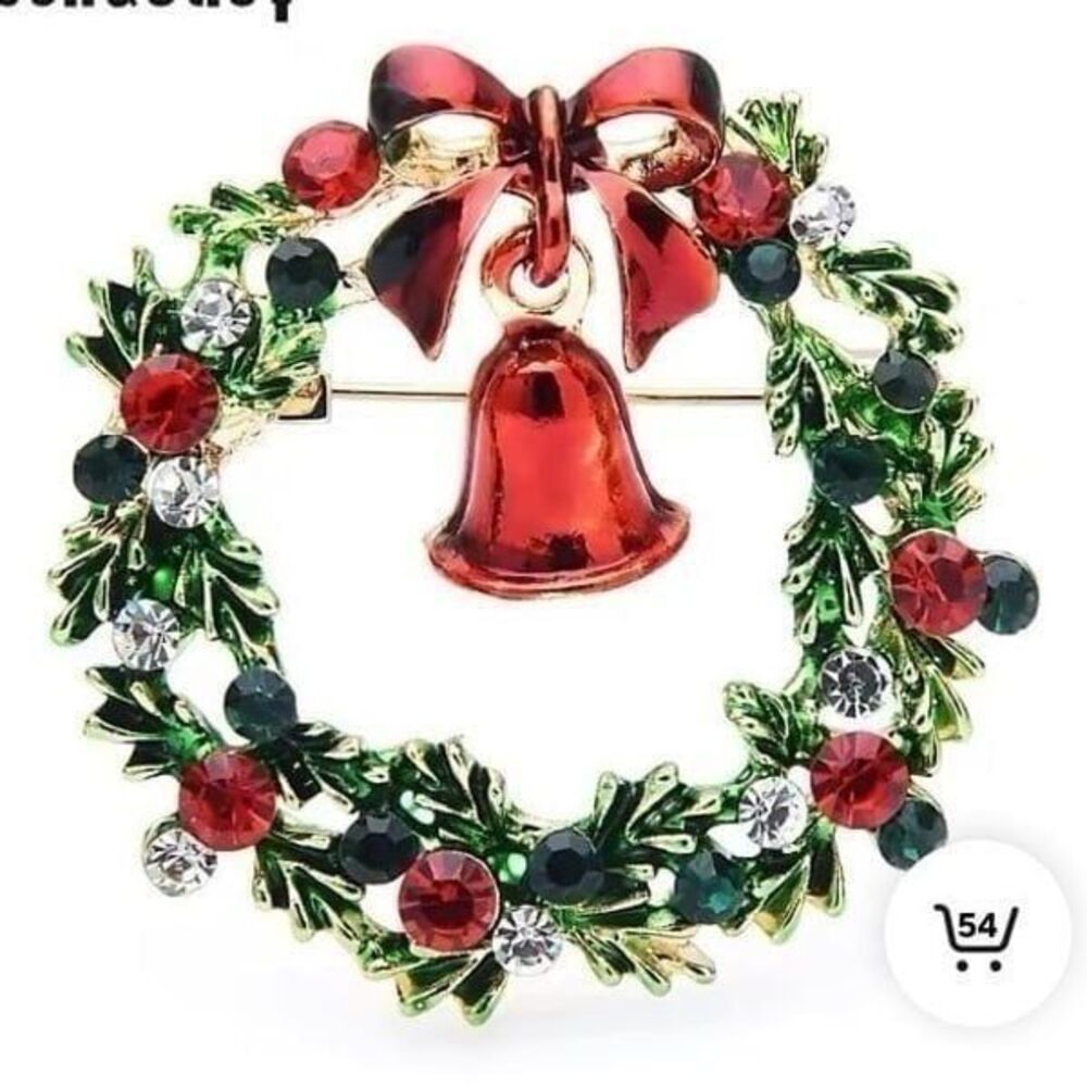Vintage Style Classic Christmas Holiday Wreath Red Green Rhinestone Brooch Pin